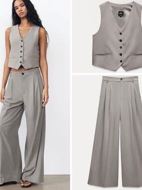 ZARA Taupe Gray Wide-Leg Pleated Dress Pants with Matching Vest Trouser Set